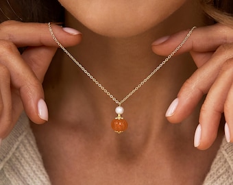 Natural Gemstone Pumpkin Necklace, Freshwater Pearl Necklace, Orange Pumpkin Gemstone Pendant, Fall Jewelry, Halloween Gifts, Gift For Mom