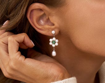 Flower Pearl and Jade Earrings, Flower Drop Earrings, Gemstone Jewelry, Bridal Earrings, Gift For Her, Anniversary Gift, Gift For Mom