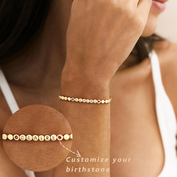 Custom Name Bracelet with Birthstone, Personalized Gold Bracelet, Dainty Initial Jewelry for Women