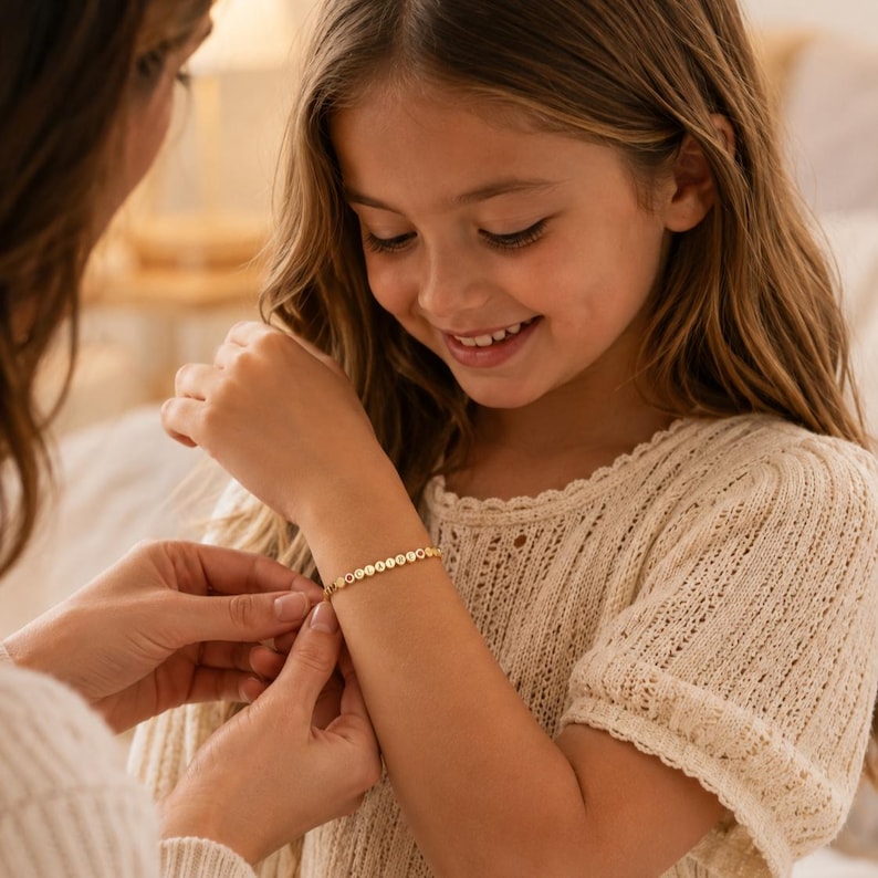 May include: A gold-toned bracelet featuring a series of small, circular, flat charms linked together. Each charm is engraved with a single letter, creating a personalized name or word sequence that wraps around the wrist in a delicate, minimalist style.