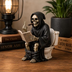 Skeleton Toilet Figurine, Grim Reaper Statue, Funny Gothic Decor, Dark Humor Desk Decor, Skeleton Ornament, Halloween Gift, Resin