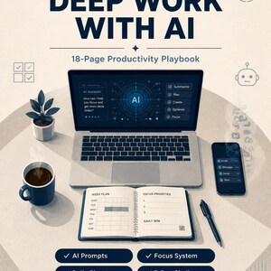 May include: A digital productivity playbook titled DEEP WORK WITH AI featuring a laptop displaying an AI assistant interface, a smartphone, a spiral-bound weekly planner, a pen, and a coffee mug. The layout includes text labels for AI Prompts, Focus System, Daily Planner, and 7-Day Challenge.