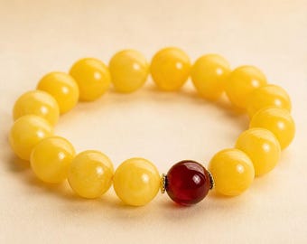 Yellow Amber Style Beaded Bracelet | Dark Red Accent Bead | Beeswax Resin Stretch Bracelet | Minimalist Earthy Jewelry | Gift for Her