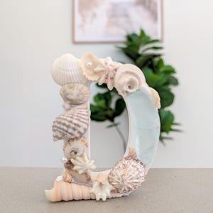 May include: A decorative letter D featuring a white base adorned with an assortment of natural seashells in shades of tan, beige, and cream. The shells are arranged along the front and top edges, with small white pearls interspersed among them.