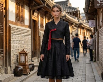 Modern Black, Red & Navy Hanbok Jeogori – Korean Traditional Jacket Top, Kpop Concert Outfit for Women