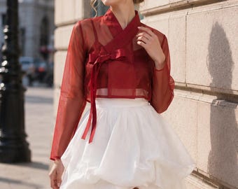 Modern Pink & Red Hanbok Jeogori – Korean Traditional Top for Women