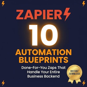 Puede incluir: Gráfico digital con fondo azul oscuro que presenta la palabra "ZAPIER" en naranja con un rayo. El número "10" es blanco, seguido de "AUTOMATION BLUEPRINTS" en naranja. El texto debajo dice "Done-For-You Zaps That Handle Your Entire Business Backend."