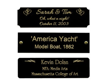 Engraved Solid Brass Black Plate Picture Frame Art Label Name Tag 3-1/2" x 1" with Adhesive *OR* Holes with Screws- Indoor Use Only