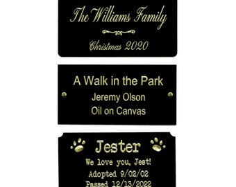 Engraved Solid Black Brass Plate Picture Frame Art Label Name Tag 3" x 1-1/2" with Adhesive *OR* Holes with Screws- Indoor Use Only