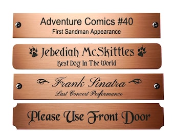 Engraved Brushed Copper Plate Picture Frame Art Label Name Tag 4-1/2" x 3/4" with Adhesive *OR* Holes with Screws- Indoor Use Only