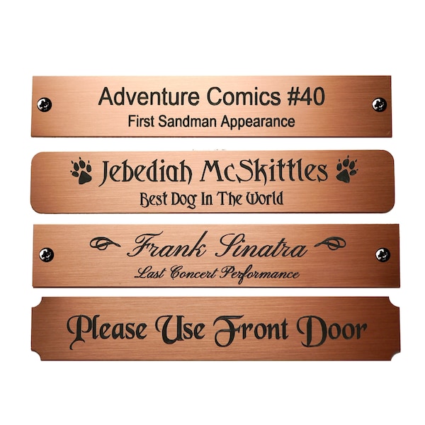 Engraved Brushed Copper Plate Picture Frame Art Label Name Tag 4-1/2" x 3/4" with Adhesive *OR* Holes with Screws- Indoor Use Only