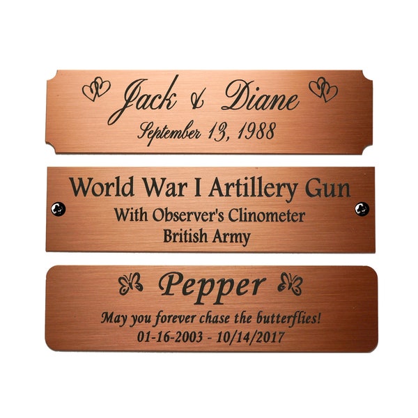Engraved Brushed Copper Plate Picture Frame Art Label Name Tag 4" x 1" with Adhesive *OR* Holes with Screws- Indoor Use Only