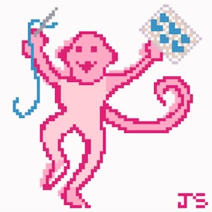 Könnte beinhalten: Pixelige rosa Affenillustration, die eine Nadel und Faden und eine Karte mit blauen Herzen hält. Der Affe hat ein lächelndes Gesicht und einen eingerollten Schwanz. Die Initialen "J'S" befinden sich in der unteren rechten Ecke.