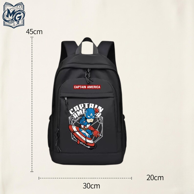 May include: A black backpack featuring a graphic of Captain America with a shield and the text "CAPTAIN AMERICA". The bag has a top handle, shoulder straps, and zippered compartments. Dimensions are 17.7 inches in height, 11.8 inches in width, and 7.9 inches in depth.