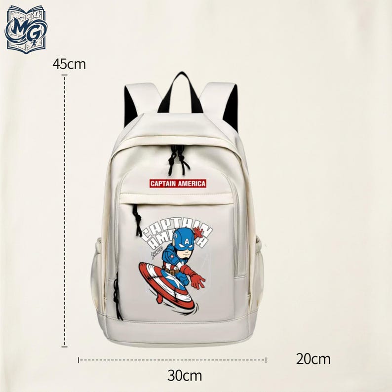 May include: A white backpack featuring a Captain America graphic and text. The bag has black straps and zippers, measuring 45cm in height, 30cm in width, and 20cm in depth. The front pocket displays a cartoon character with a shield and the text CAPTAIN AMERICA.