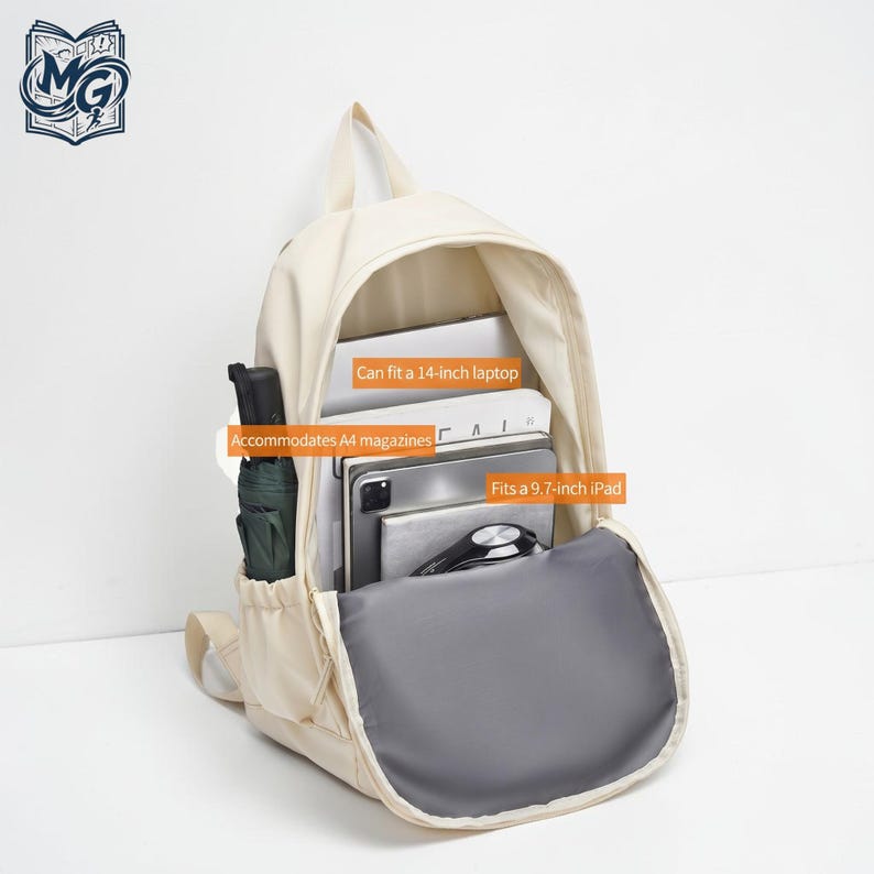 May include: A cream-colored backpack with an open main compartment containing a 14-inch laptop, A4 magazines, and a 9.7-inch iPad. A dark green umbrella is stored in the side pocket. The interior features orange text labels indicating storage capacity.