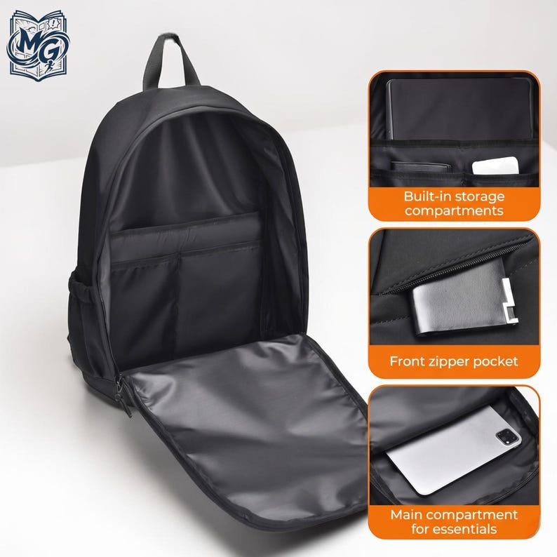 May include: A black backpack with a top handle and a large main compartment. Three inset images show interior features: built-in storage compartments, a front zipper pocket containing a wallet, and a main compartment holding a smartphone.