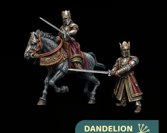 May include: A miniature figurine of a warrior riding a dapple-gray horse and a second standing warrior, both wearing maroon and gold armor with silver helmets, holding swords. A teal label at the bottom reads DANDELION in Middle Earth.