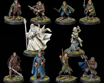 Può includere: Una collezione di dieci miniature fantasy dipinte a mano che raffigurano vari personaggi in pose dinamiche. Il set include figure con spade, archi, asce e bastoni, ciascuna montata su una base circolare con dettagli del terreno.