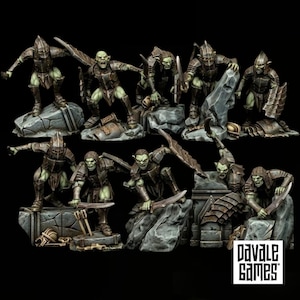 Peut inclure: Un ensemble de neuf figurines miniatures de gobelins à la peau verte, vêtus d'armures segmentées brunes et armés d'épées ou de boucliers. Chaque personnage est posé dynamiquement sur un socle en pierre détaillé. Le texte Pavale Games est visible.