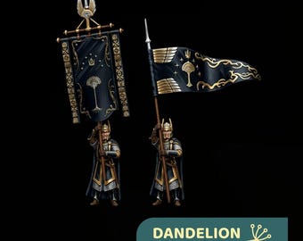 May include: Two miniature figures in metallic armor and helmets, each holding a tall pole with a black and gold banner. The banners feature intricate gold filigree, a central tree emblem, and star motifs. Text at the bottom reads DANDELION in Middle Earth.