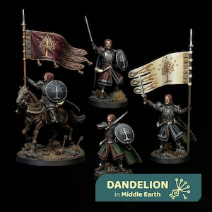 Peut inclure: Quatre figurines miniatures de guerriers en armure, dont un monté sur un cheval brun, portant chacun un bouclier avec un emblème d'arbre blanc. Deux personnages portent de hautes bannières avec le même motif d'arbre, une bordeaux et une crème.