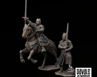 May include: Two detailed miniature figurines featuring a mounted warrior on a dark horse and a standing soldier, both wearing metallic armor with blue tunics and holding long swords raised upward. The base includes the text Davale Games.