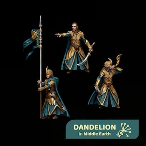 Puede incluir: Tres figuras miniatura de elfos con armadura dorada y verde azulado. Una figura sostiene un estandarte alto, otra señala hacia adelante con una espada curva y la tercera toca un cuerno. El texto DANDELION in Middle Earth aparece en la esquina.