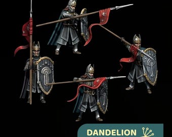 May include: Four miniature soldier figurines wearing silver helmets, dark grey armor, and blue capes. Each figure holds a tall shield with a tree emblem and a long spear with a red banner attached. The text DANDELION in Middle Earth is visible.
