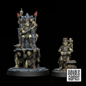 Peut inclure: Un ensemble de figurines peintes représentant un chef à la peau verte assis sur un trône en pierre porté par quatre personnages, avec une seconde figurine debout près d'un coffre au trésor. Le texte Pavale Games est visible en bas à droite.