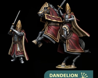 May include: Two miniature figurines of armored warriors, one mounted on a horse and one standing, both wearing gold helmets, silver plate armor, and red capes with gold trim, holding swords aloft. Text reads: DANDELION in Middle Earth.