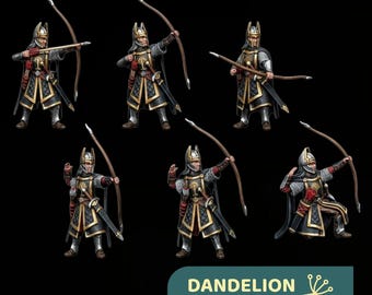 May include: Six miniature warrior figurines in black and gold armor with silver chainmail, each holding a wooden bow and arrow. The figures wear pointed helmets and carry swords at their hips. Text at the bottom reads DANDELION in Middle Earth.