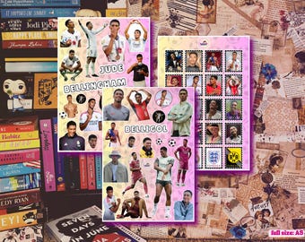 May include: A collection of three sticker sheets featuring various photographic portraits and action shots of soccer player Jude Bellingham, with text labels reading Jude Bellingham and Belligol, set against a background of books and vintage paper.
