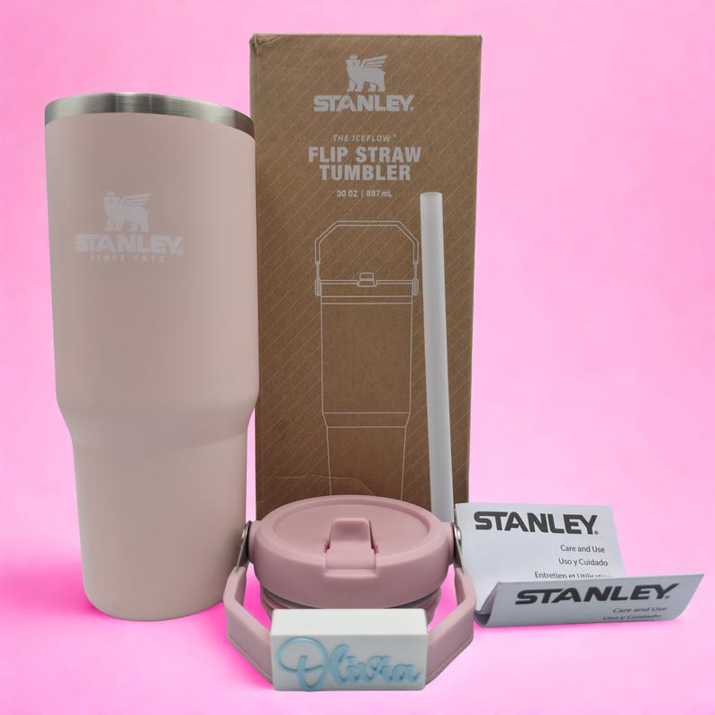 Cherry Blossom Pink 30 oz IceFlow tumbler with original box, straw, and custom 3D printed name handle tag.