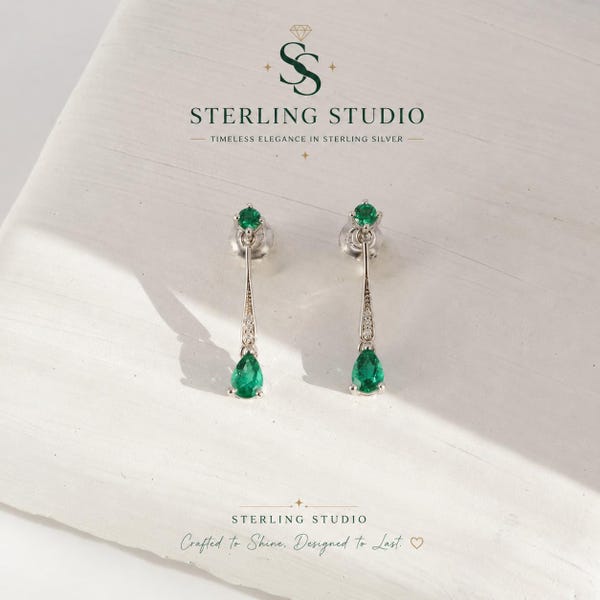 Sterling Silver Emerald Teardrop Dangle Earrings | Bridal Drop Jewelry