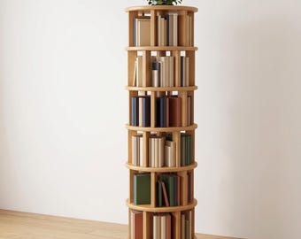 Rotating Bookcase with Wheels - Solid Wood Spinning, Round Bookshelf, Narrow Corner, Book Tower and Small Space Storage, Home Office