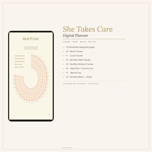 Könnte beinhalten: Ein digitaler Planer mit dem Titel She Takes Care, der eine Beauty-Log-Seite mit einem kreisförmigen Tracking-Diagramm zeigt. Der Text listet 72 Seiten auf, darunter Stimmungs-, Zyklus-, Gewohnheits- und Workout-Tracker sowie Notizen.