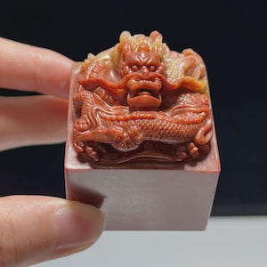 May include: A square-shaped red stone seal featuring a detailed, three-dimensional carved dragon on the top surface. The dragon has prominent scales, a fierce facial expression, and flowing whiskers, with the stone body having a smooth finish.