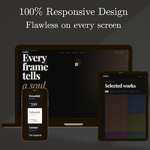Może przedstawiać: Koncepcja projektu cyfrowego wyświetlana na laptopie, tablecie i smartfonie. Ekrany prezentują stronę internetową z tekstem "Every frame tells a soul" i "Selected works". Telefon wyświetla ceny usług "Essential" i "Editorial". Obraz zawiera tekst "100% Responsive Design."