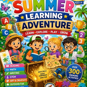 Pode incluir: Uma capa colorida de caderno de exercícios educativos intitulada Ultimate Summer Learning Adventure para os graus K-2. Mostra quatro crianças lendo, fazendo arte, ciência e explorando, com um baú de tesouro e uma bússola.