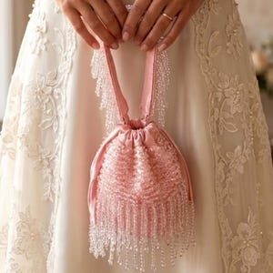 Pink Beaded Satin Drawstring Bag Pearl Fringe Evening Purse Bridal Wedding Pouch Coquette Party Handbag Prom Accessory Bridesmaid Gift