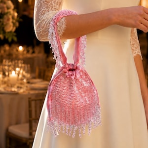 Roze kralen satijnen tasje parel franje avondtasje bruids bruiloft zakje coquette partij handtas prom accessoire bruidsmeisje cadeau