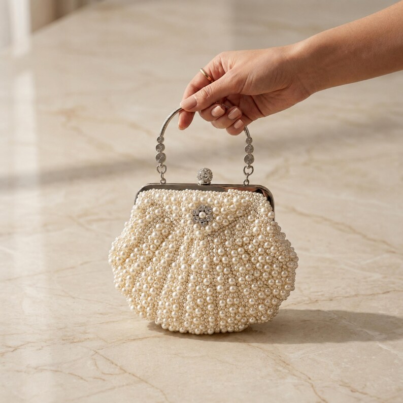 Pearl Beaded Shell Shape Bridal Evening Clutch Purse Wedding Handbag ...