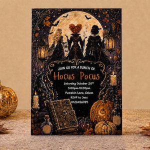 Einladung zur Hokuspokus-Halloweenparty | Einladung zum Halloween-Geburtstag | Druckbare und bearbeitbare Canva-Vorlage für Halloween-Partys
