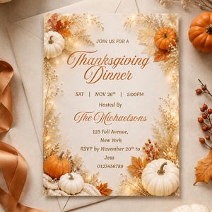 Bearbeitbare Canva-Vorlage für eine Einladung zum Thanksgiving-Dinner | Bearbeitbare Canva-Herbstvorlage | Elegante Einladung mit Kürbissen für die Thanksgiving-Party