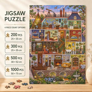 May include: A jigsaw puzzle box featuring a multi-story house illustration with various rooms, a garden, and pets. Text includes JIGSAW PUZZLE and four piece count options: 200 pcs 25 x 35 cm, 300 pcs 25 x 35 cm, 500 pcs 38 x 52 cm, 1000 pcs 50 x 75 cm.