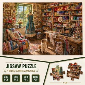 Könnte beinhalten: Ein Puzzle mit einer detaillierten Illustration eines Bastelzimmers mit Regalen voller bunter Wolle, einer Nähmaschine auf einem Holztisch, einer Schneiderpuppe mit Blumenkleid, einem Patchwork-Sessel und einem kleinen Hund auf dem Boden.