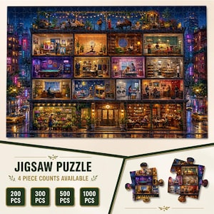 Peut inclure: Un puzzle représentant un immeuble à plusieurs étages la nuit avec diverses pièces dont un fleuriste, une bibliothèque, une buanderie et une terrasse sur le toit. L'image affiche le texte JIGSAW PUZZLE et 4 PIECE COUNTS AVAILABLE avec 200, 300, 500, 1000 PCS.