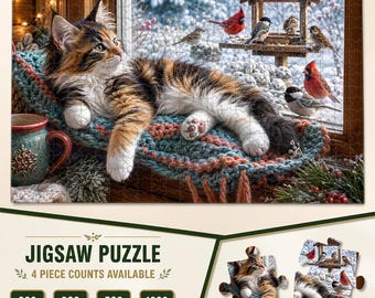 May include: A jigsaw puzzle featuring a calico cat resting on a teal and orange knit blanket near a window. Outside, a wooden bird feeder holds several birds, including cardinals and chickadees, against a snowy background. Text reads JIGSAW PUZZLE.