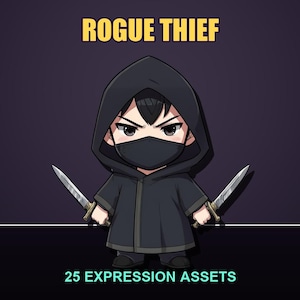 Può includere: Un'illustrazione digitale di un personaggio in stile chibi con un mantello nero con cappuccio e una mascherina, che impugna due pugnali argentati. Il testo ROGUE THIEF appare in alto e 25 EXPRESSION ASSETS è mostrato in basso.